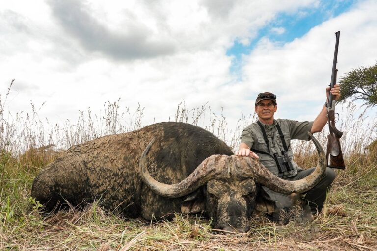 A Kaiwhai Safaris hunter with his Cape buffalo bull, rifle raised