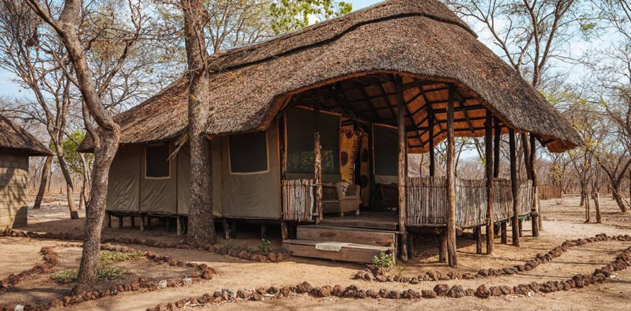 Our Zambia camp - a thatched tent suite on a wooden deck under the trees
